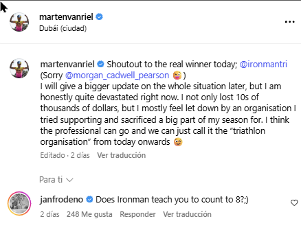 Van Riel responde con un comunicado tras el comentario de Jan Frodeno - Actualidad