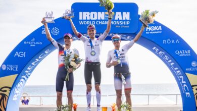 @gettyimages/ Imagen del póidum en Niza con Casper Stornes, Gustav Iden y Kristian Blummenfelt