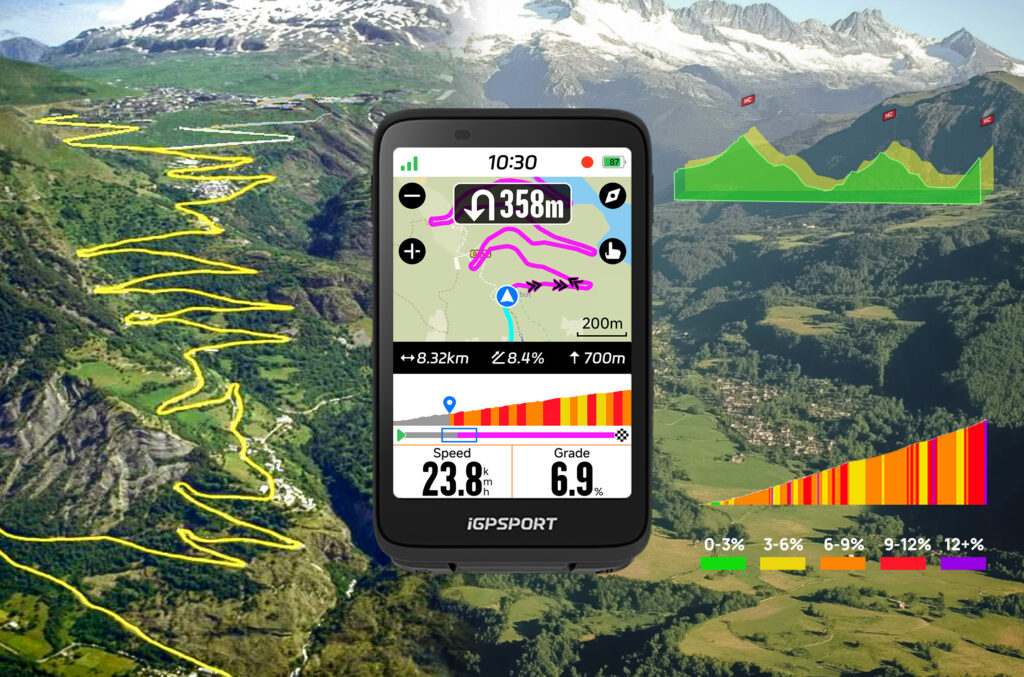 GPS iGPSPORT BiNavi Air mostrando navegación y perfil de ascenso en ruta de montaña