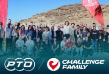 Directivos y organizadores de PTO y Challenge Family en el anuncio de su integración en el Triathlon World Tour