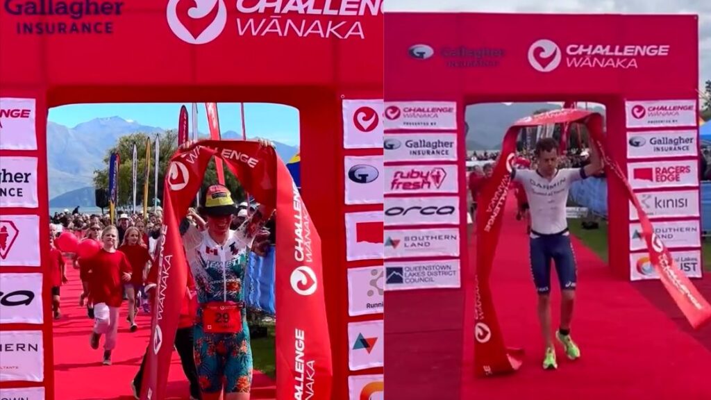 Tamara Jewett y Jack Moody cruzan la meta del Challenge Wanaka 2026 en Nueva Zelanda