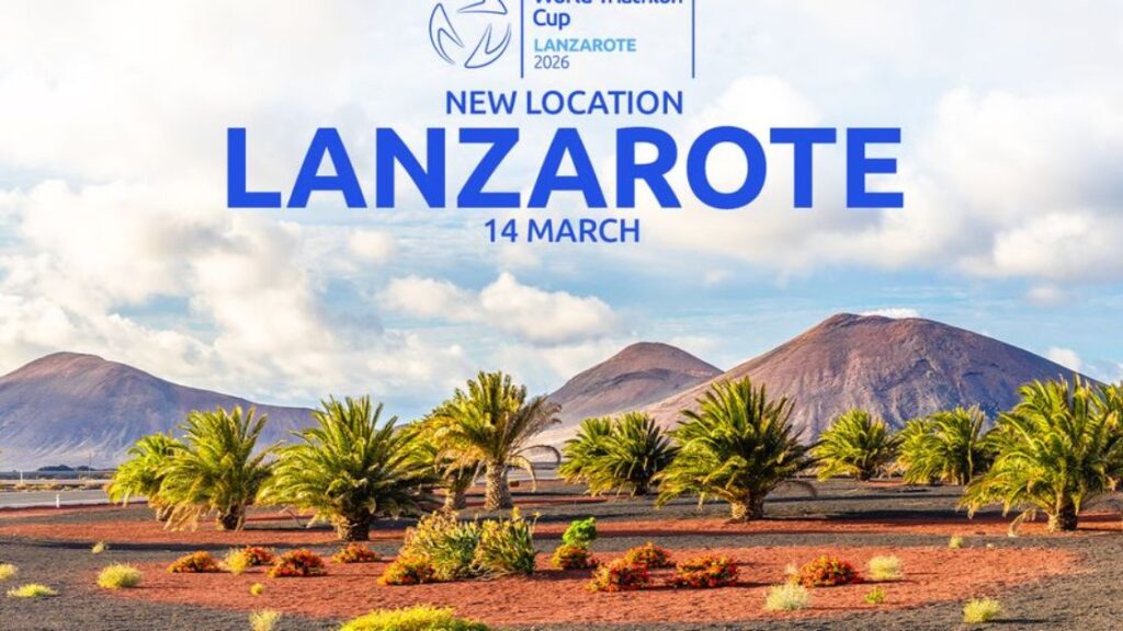 Copa del Mundo de Triatlón Lanzarote 2026, paisaje volcánico con fecha 14 de marzo