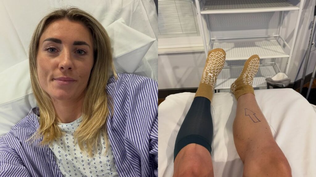 Lucy Charles-Barclay en el hospital tras su operación del tendón plantar mostrando la pierna intervenida