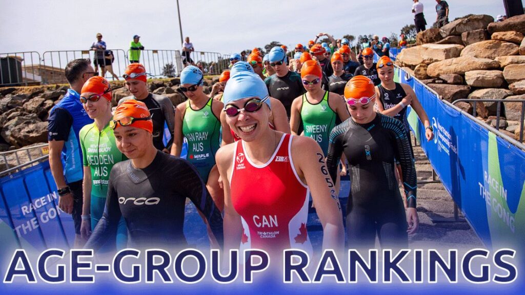 Triatletas Age-Group en la salida de un Campeonato del Mundo de World Triathlon