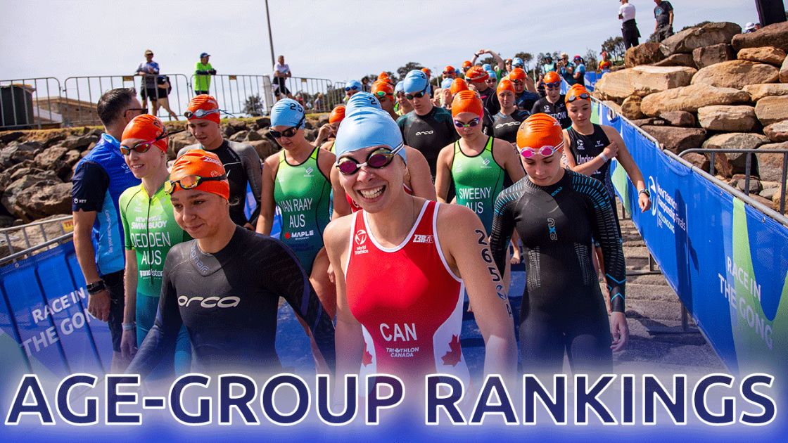 Triatletas Age-Group en la salida de un Campeonato del Mundo de World Triathlon