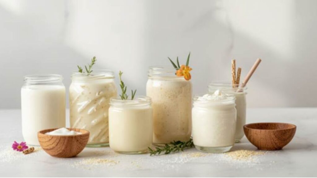 Lácteos fermentados como yogur y kéfir en tarros de cristal, relacionados con el microbioma intestinal y la recuperación en deportistas.