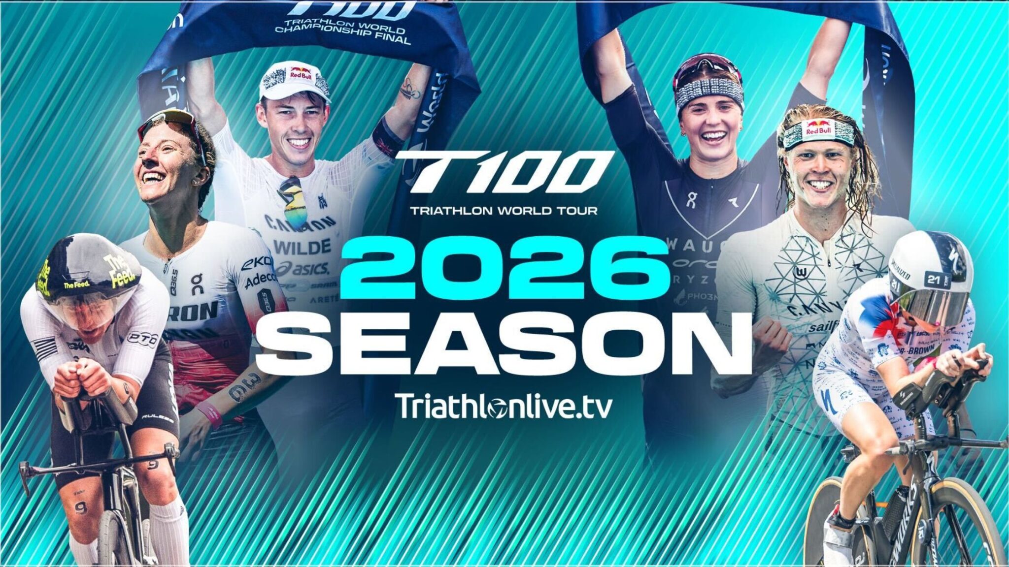 T100 Triathlon World Tour 2026 con triatletas profesionales promocionando la temporada en TriathlonLive.tv