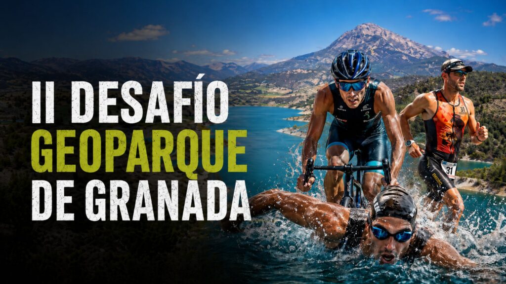 Imagen del II Desafío Geoparque de Granada con nadador, ciclista y corredor