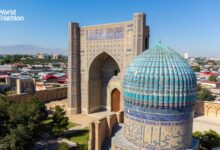 Vista aérea de un monumento histórico de Samarkand, sede del WTCS Samarkand 2026