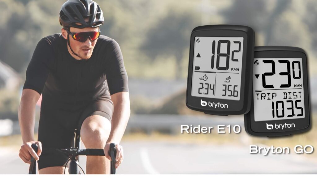 Ciclista en carretera junto al ciclocomputador Bryton Rider E10 y la app Bryton GO