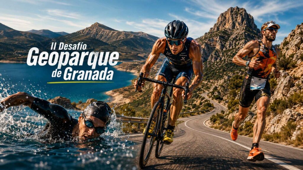 Triatletas nadando, pedaleando y corriendo en el II Desafío Geoparque de Granada