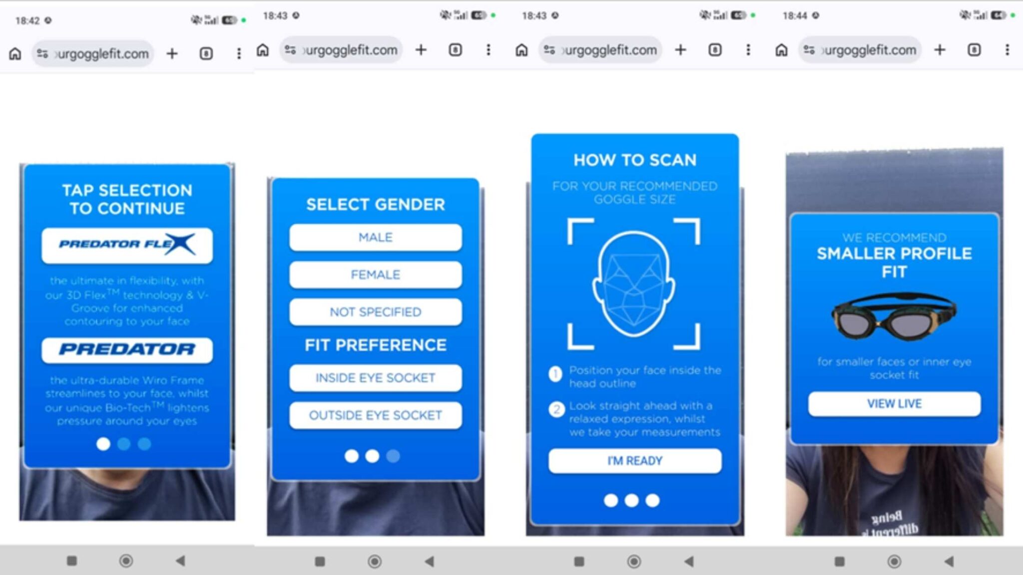 Capturas de la herramienta Find Your Goggle Fit para elegir gafas Zoggs