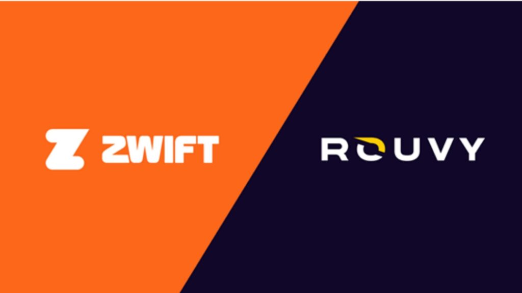 Logotipos de Zwift y ROUVY sobre fondo naranja y azul oscuro