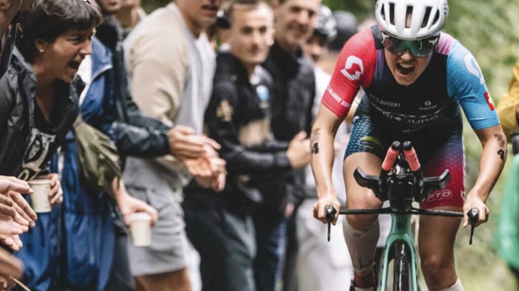 Triatleta andando de bicicleta ao lado do público no TradeINN Zarauzko Triatloia