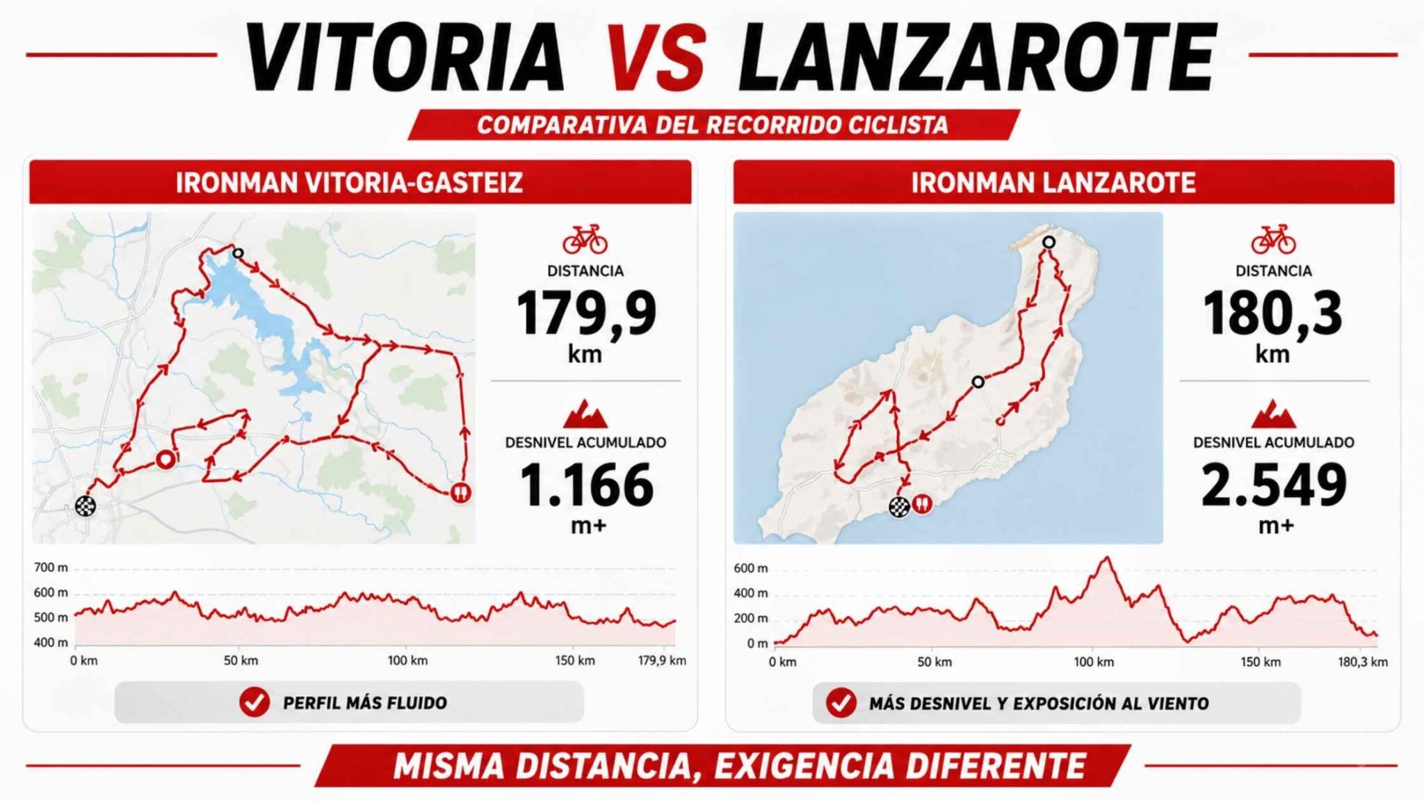 ¿Has terminado el IRONMAN Vitoria? IRONMAN Spain responde si puedes afrontar Lanzarote - Actualidad IRONMAN LANZAROTE Comparativa del recorrido ciclista del IRONMAN Vitoria-Gasteiz y el IRONMAN Lanzarote, con distancia y desnivel acumulado