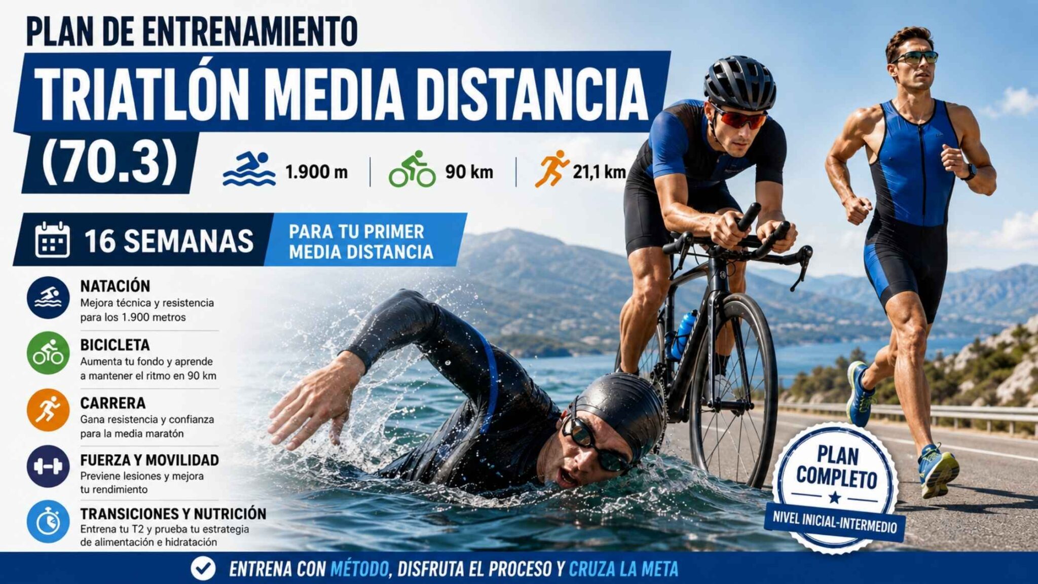 Plan de entrenamiento para triatlón de media distancia 70.3 de 16 semanas