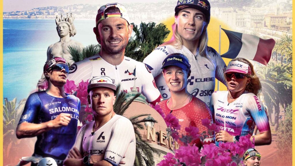 Montaje del Mundial IRONMAN 70.3 Niza 2026 con varios triatletas profesionales y la ciudad de Niza al fondo