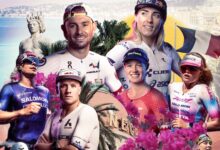 Montaje del Mundial IRONMAN 70.3 Niza 2026 con varios triatletas profesionales y la ciudad de Niza al fondo