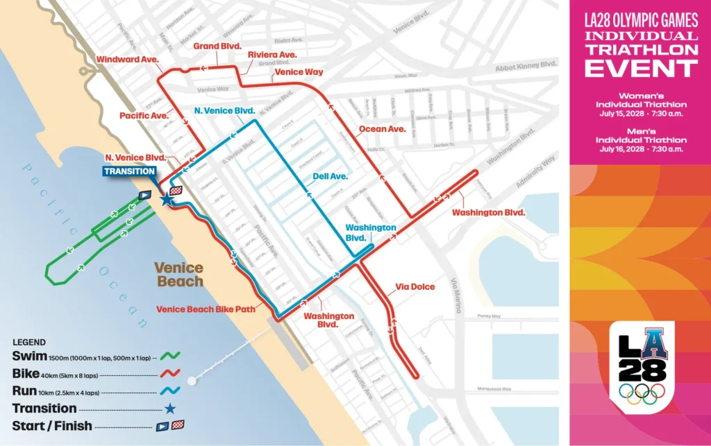 Mapa oficial del recorrido del triatlón individual de Los Ángeles 2028 en Venice Beach