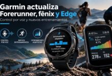 Imagen editorial sobre la actualización Garmin 2026 con reloj GPS, ciclocomputador Edge, corredor y ciclista