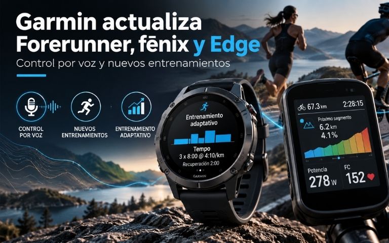 Imagen editorial sobre la actualización Garmin 2026 con reloj GPS, ciclocomputador Edge, corredor y ciclista