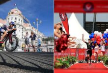 Triatleta compitiendo en Niza junto a una llegada de The Championship de Challenge Family
