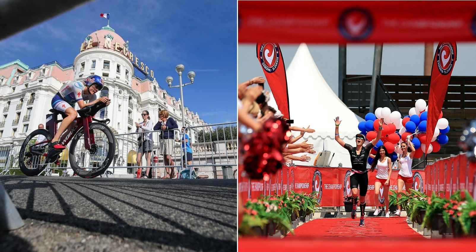 Triatleta compitiendo en Niza junto a una llegada de The Championship de Challenge Family