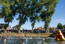 Triatletas durante la natación del IRONMAN 70.3 Knokke-Heist