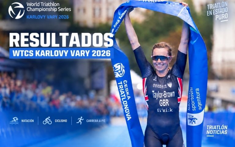 Georgia Taylor-Brown celebra su victoria en la WTCS Karlovy Vary 2026 en una imagen de resultados