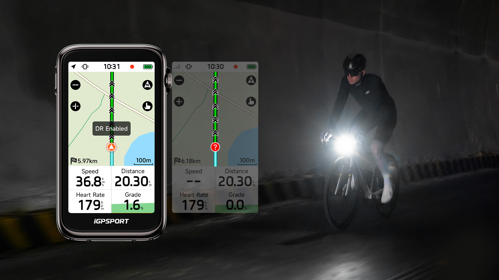 Pantalla del iGPSPORT BiNavi Ultra con navegación inercial activada junto a un ciclista atravesando un túnel