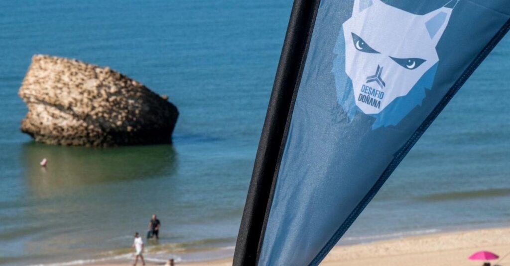 Bandera del Desafío Doñana junto a la playa y el mar