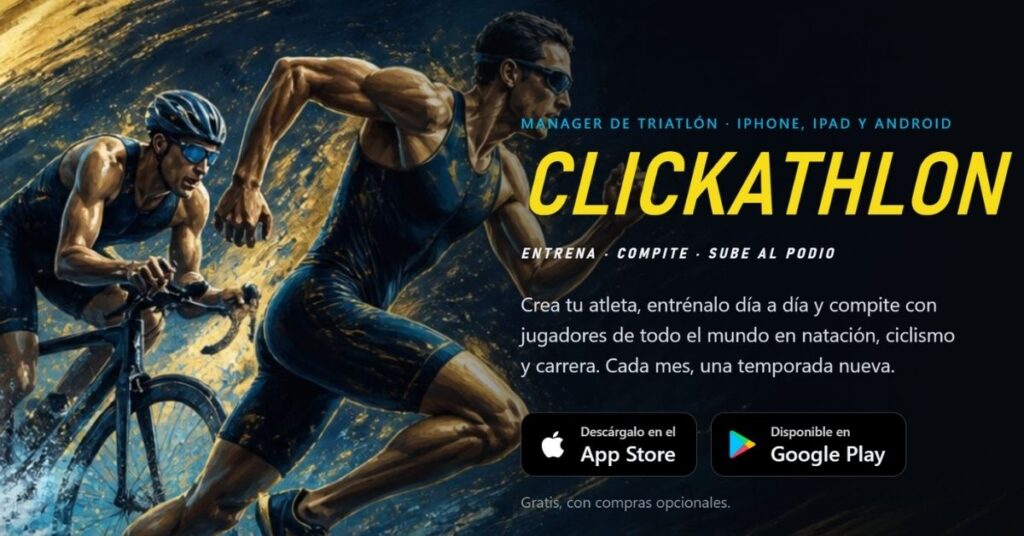 Ilustración de triatletas y logotipo de ClickAthlon, juego de triatlón para móviles