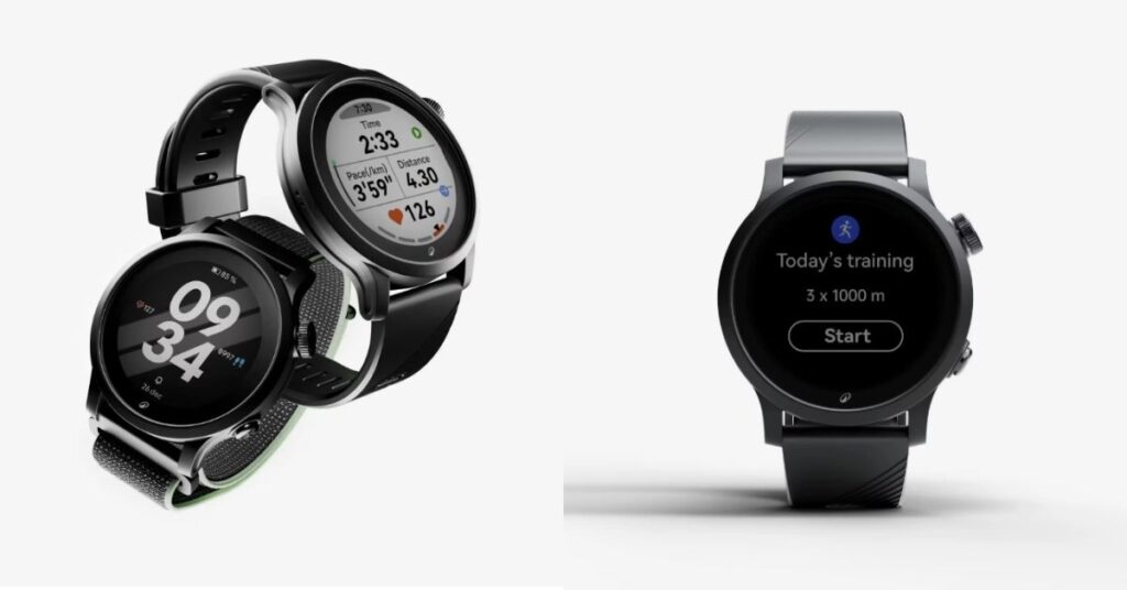 Tres vistas del reloj GPS Decathlon Race 500 negro, con pantallas de actividad y entrenamiento