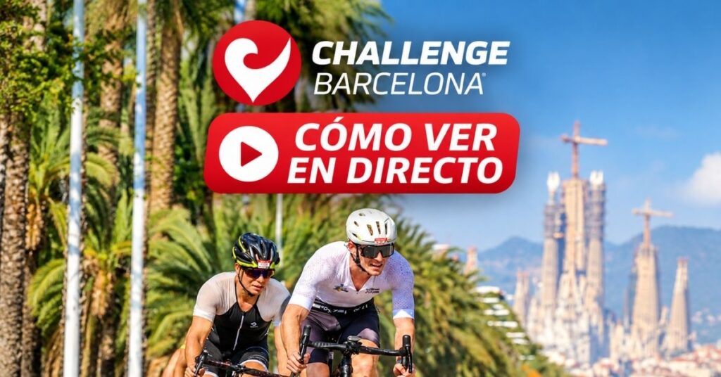 Imagen del Challenge Barcelona con dos triatletas en bicicleta y el rótulo «Cómo ver en directo»