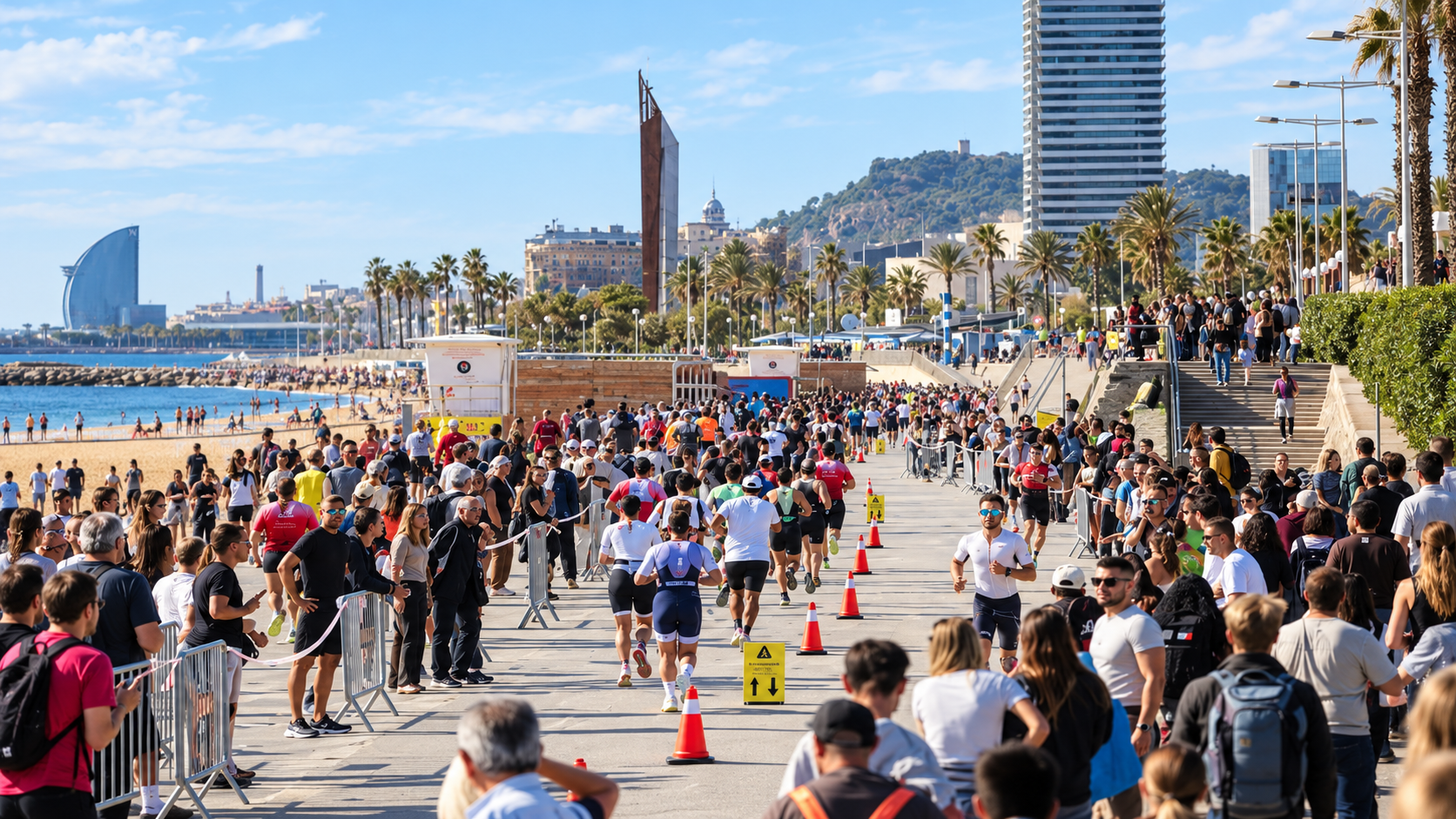 Triatletas corriendo por el paseo marítimo de Barcelona, con espectadores a ambos lados del recorrido