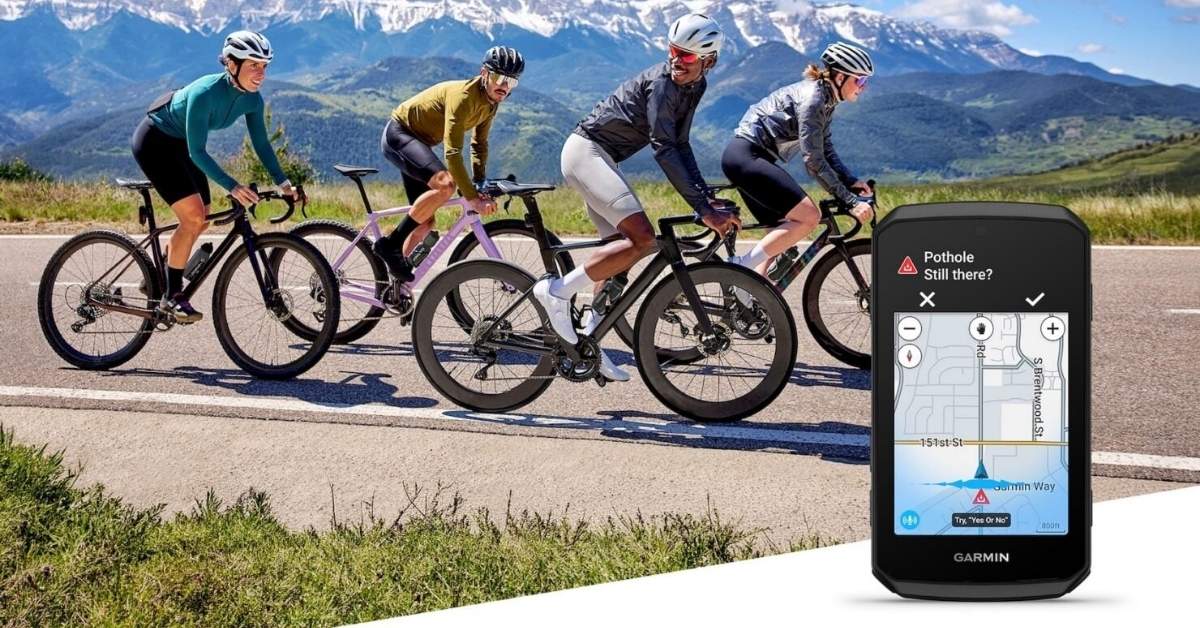 Grupo de ciclistas en una carretera de montaña junto a una imagen del Garmin Edge 1060 mostrando una alerta de peligro en la ruta
