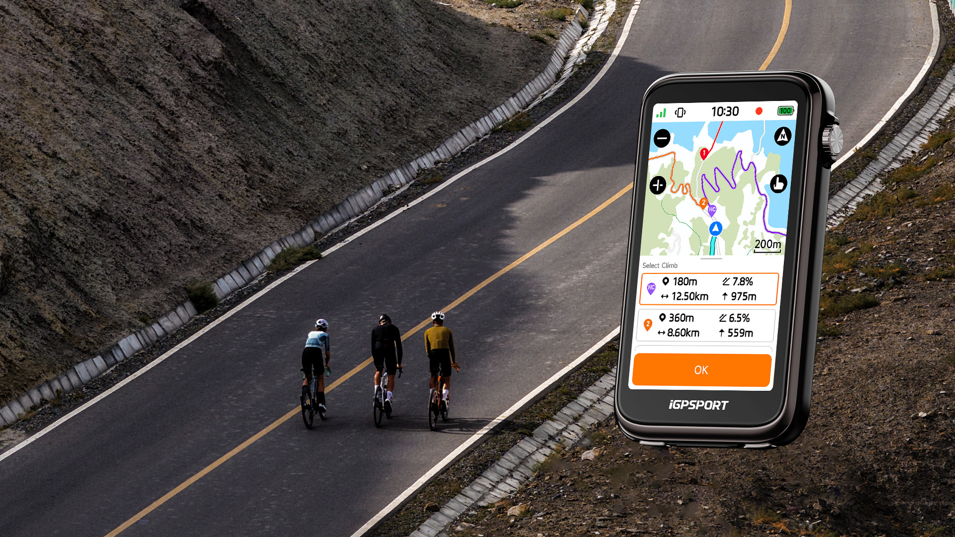 Tres ciclistas subiendo una carretera de montaña y pantalla del iGPSPORT BiNavi Ultra con ascensos disponibles en iClimb 4.0