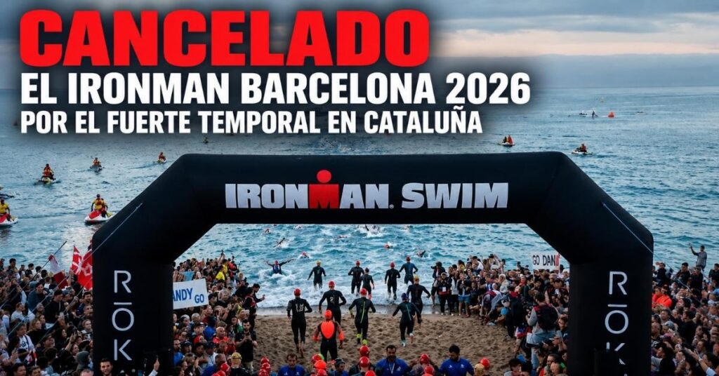 Salida de natación del IRONMAN Barcelona con el aviso de cancelación por el temporal en Cataluña