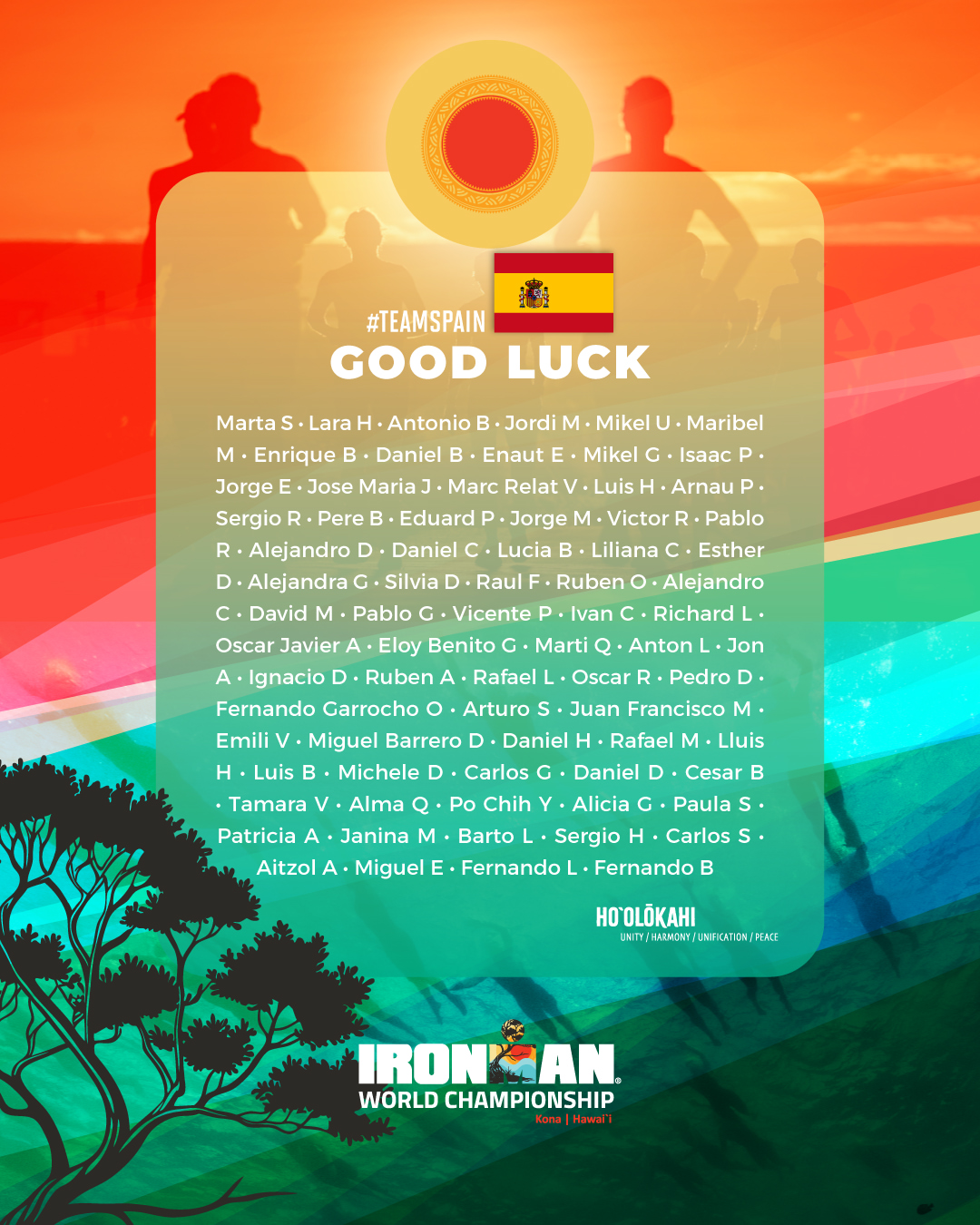 Cartel de IRONMAN Spain con los nombres de los triatletas españoles del Mundial IRONMAN Kona 2026