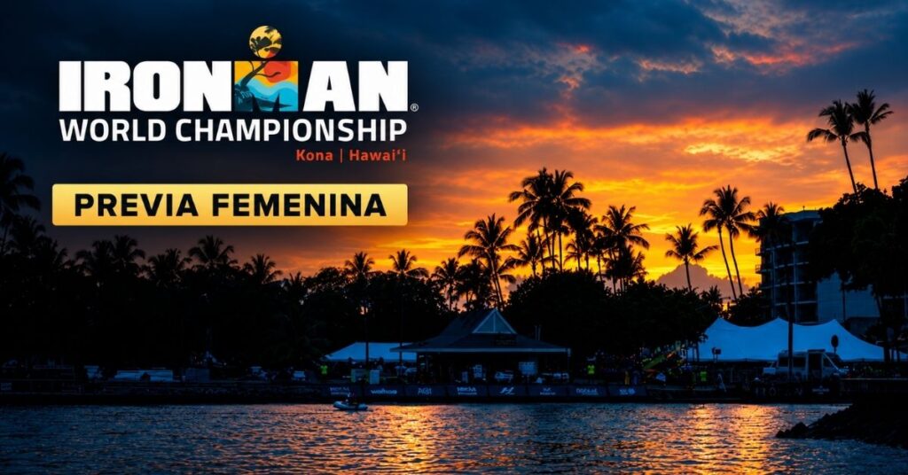 Atardecer en Kona con el logotipo IRONMAN World Championship y el texto «Previa femenina».