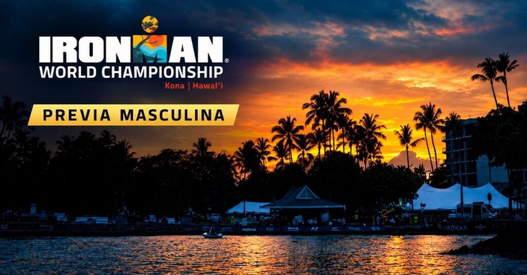 Atardecer en Kona con el logotipo IRONMAN World Championship y el texto «Previa masculina».