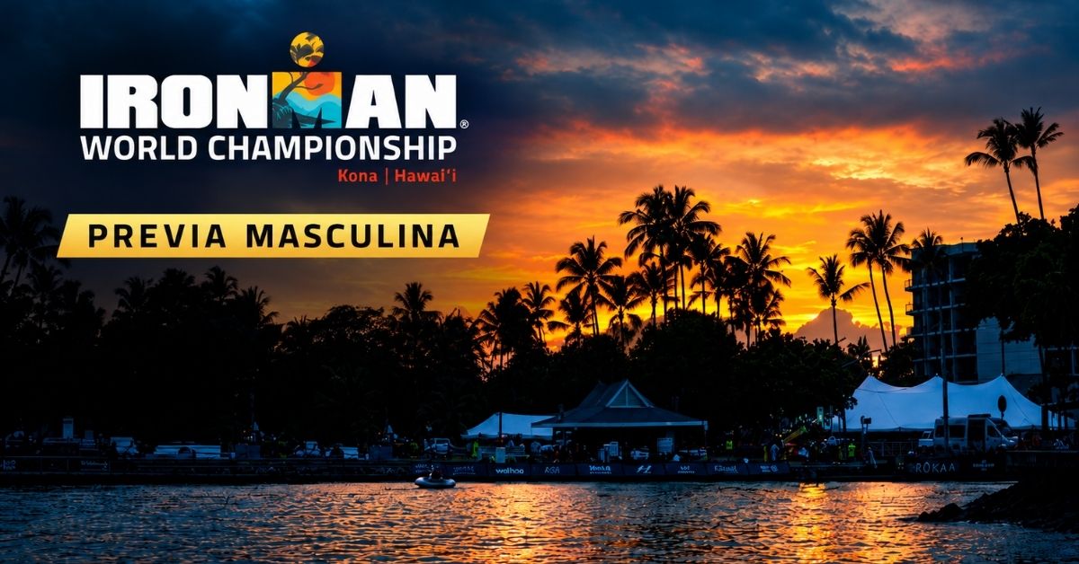 Atardecer en Kona con el logotipo IRONMAN World Championship y el texto «Previa masculina».