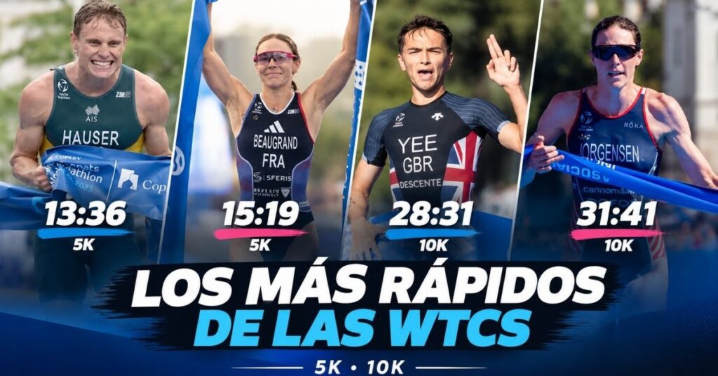 Collage de Matthew Hauser, Cassandre Beaugrand, Alex Yee y Gwen Jorgensen con sus parciales más rápidos de carrera a pie en las WTCS