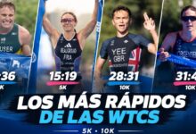 Collage de Matthew Hauser, Cassandre Beaugrand, Alex Yee y Gwen Jorgensen con sus parciales más rápidos de carrera a pie en las WTCS