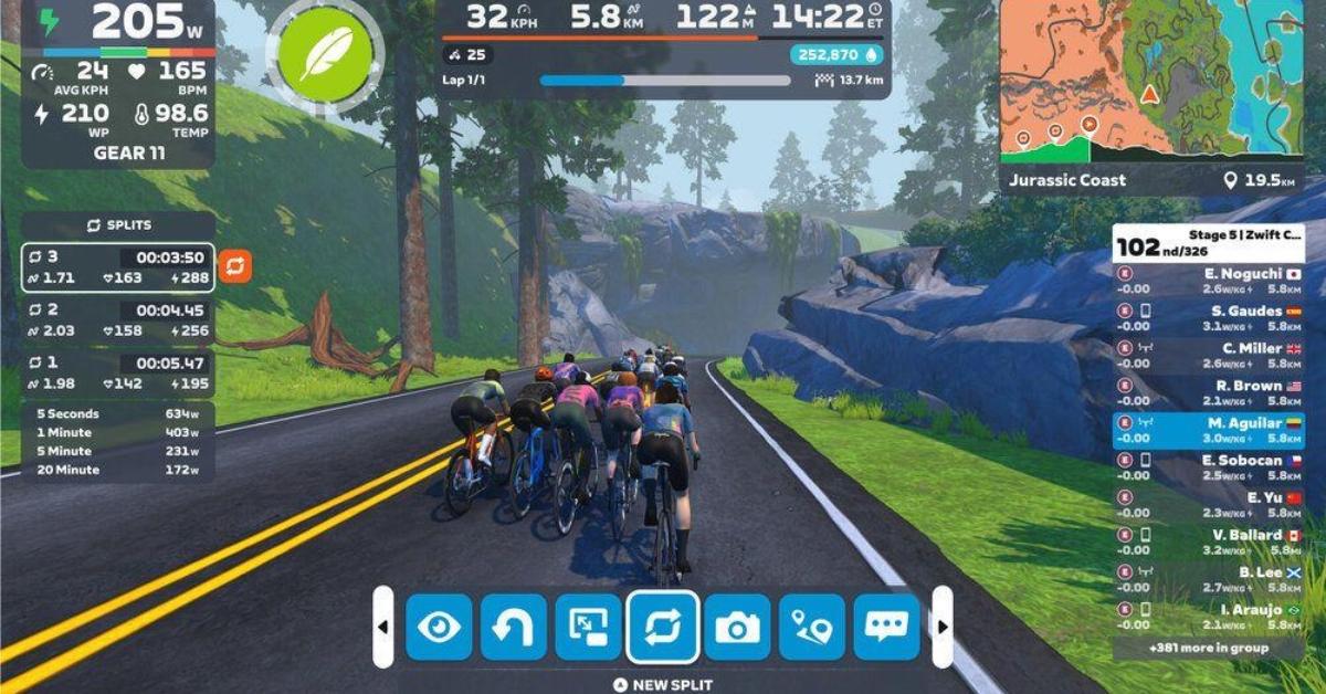 Grupo de ciclistas virtuales en una carretera de Zwift, con datos de potencia, velocidad y clasificación en pantalla